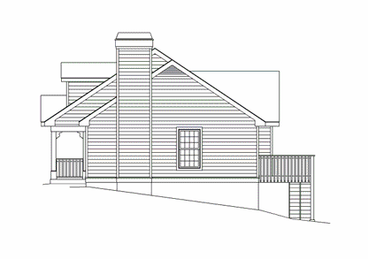 House plan exterior elevation shows a side view with a prominent chimney, covered porch, window, and deck with stairs.