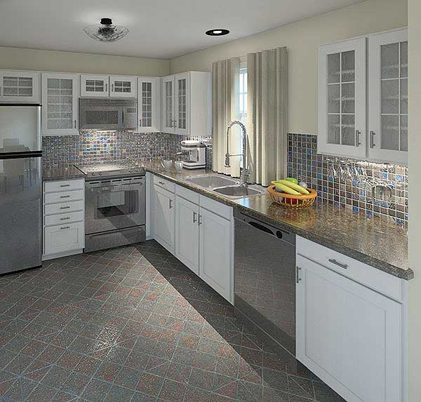 Kitchen interior with white cabinets, granite countertops, stainless steel appliances including a refrigerator, range, microwave, and dishwasher.