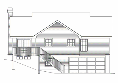 House plan exterior drawing shows a two-story home with a gable roof, deck, stairs, and a two-car garage.