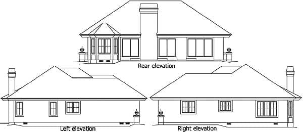 Architectural house plan elevations: Left, rear, and right views showing a one-story structure with a prominent chimney and bay window.