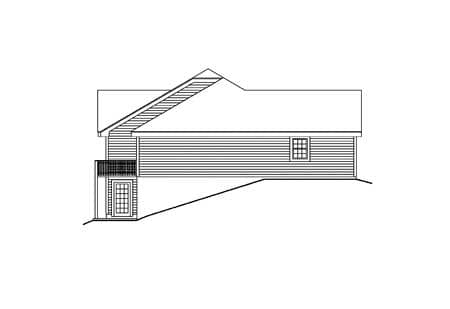 House plan side elevation showing horizontal siding, a pitched roof, a small balcony, and a door with a grid pattern window.