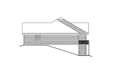 House plan exterior drawing showing a side elevation with horizontal siding, a small window, and a door with a balcony above.