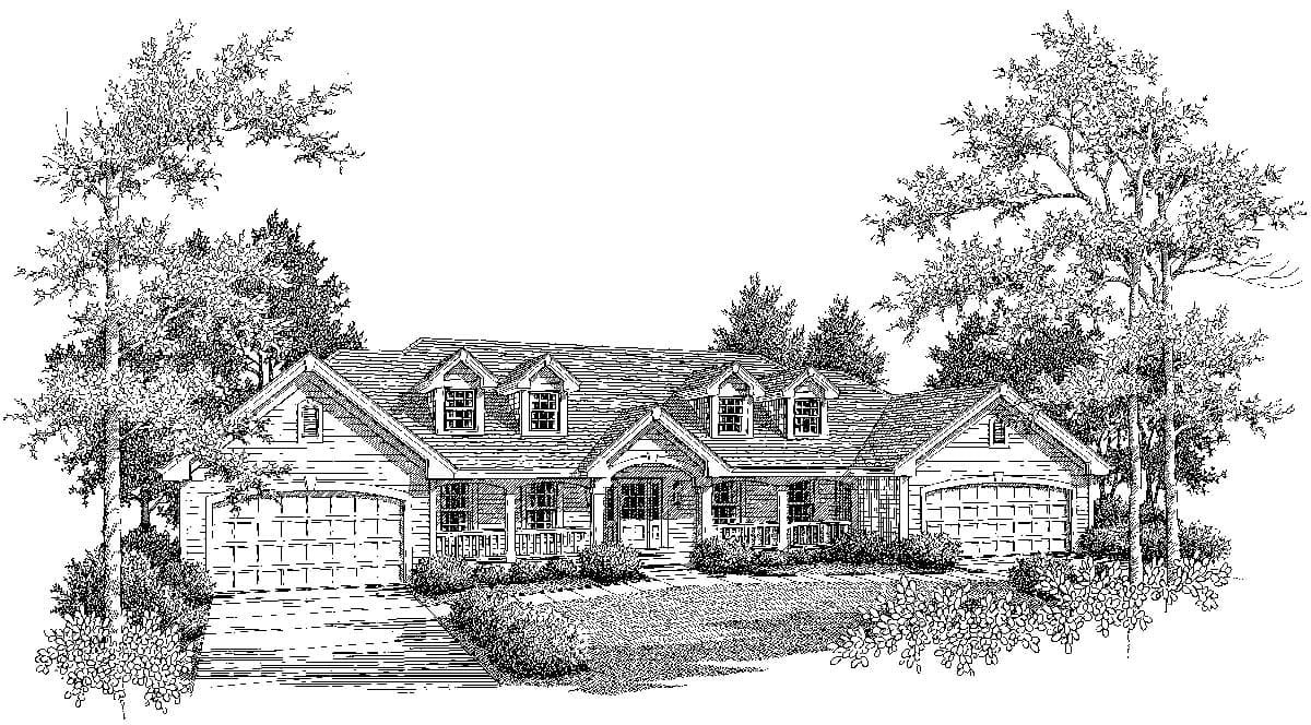 House plan exterior: single-story Ranch style with a full-width porch, dormers, and a side-entry three-car garage.