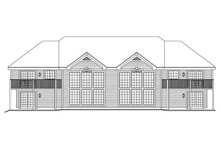 House plan exterior drawing showing a symmetrical facade with multiple stories, large grid windows, and balconies.