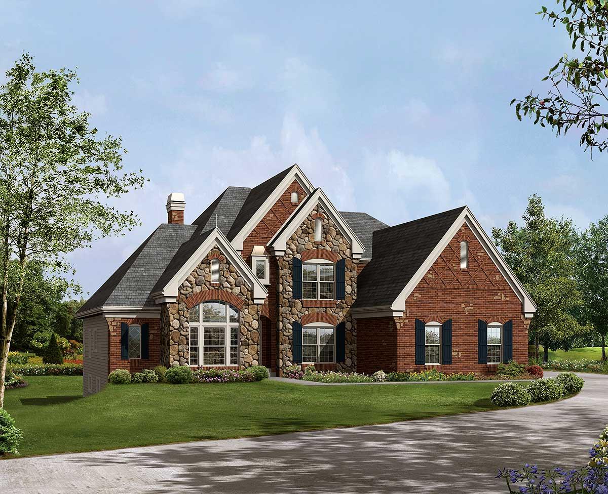 House plan exterior: two-story brick home with stone accents, multiple gables, arched window, and shutters.