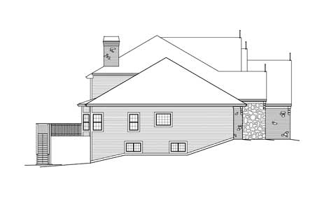House plan elevation: side view of a two-story home with siding, stone base, deck, stairs, and chimney.