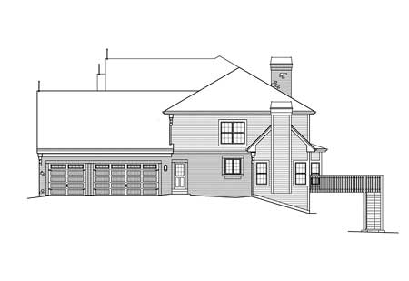 House plan exterior, side view: three-car garage, gable roofline, and attached deck with stairs.