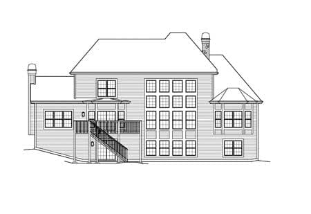 House plan exterior with a deck and stairs, numerous windows, and a bay window.