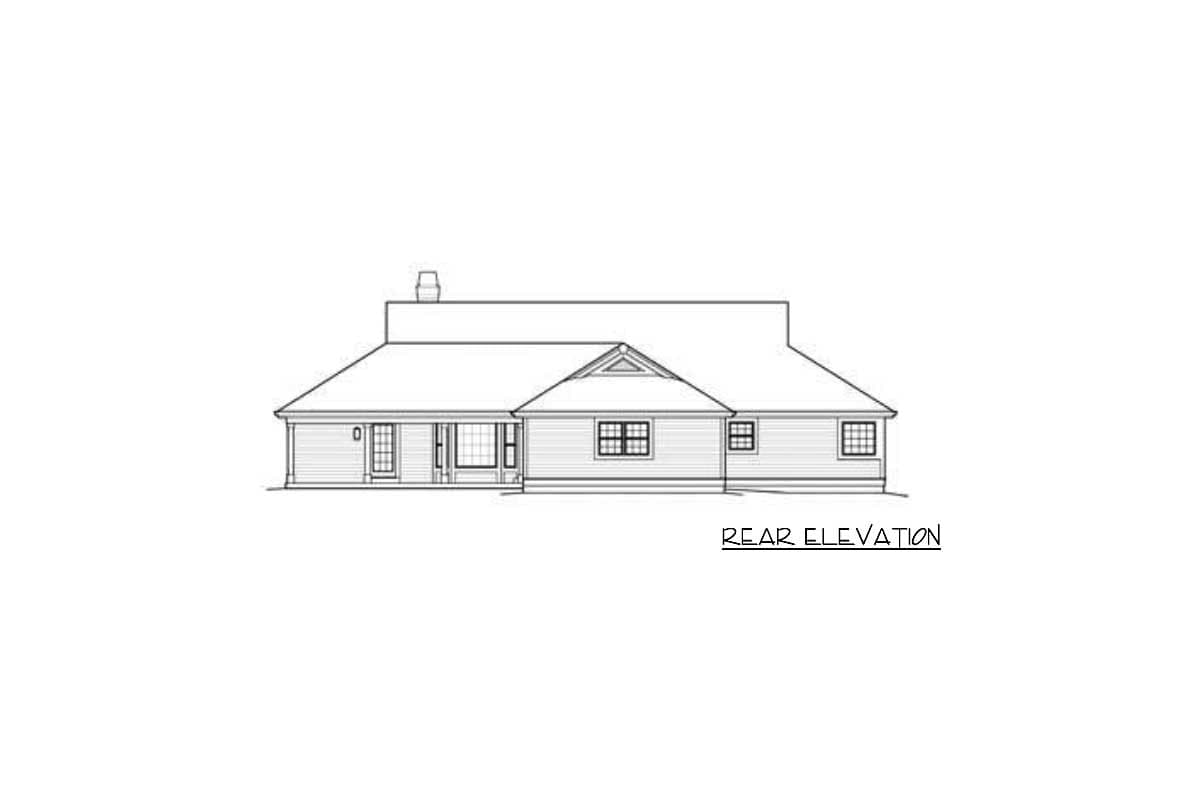 Rear elevation drawing of a one-story house plan with a prominent gable, chimney, and covered entry.
