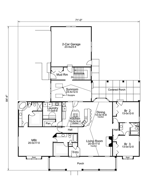 Plan 57229HA: Ranch Home Plan with Sunroom and Separate Lower Level Apartment - Floor Plan - Main Level - Country, Ranch