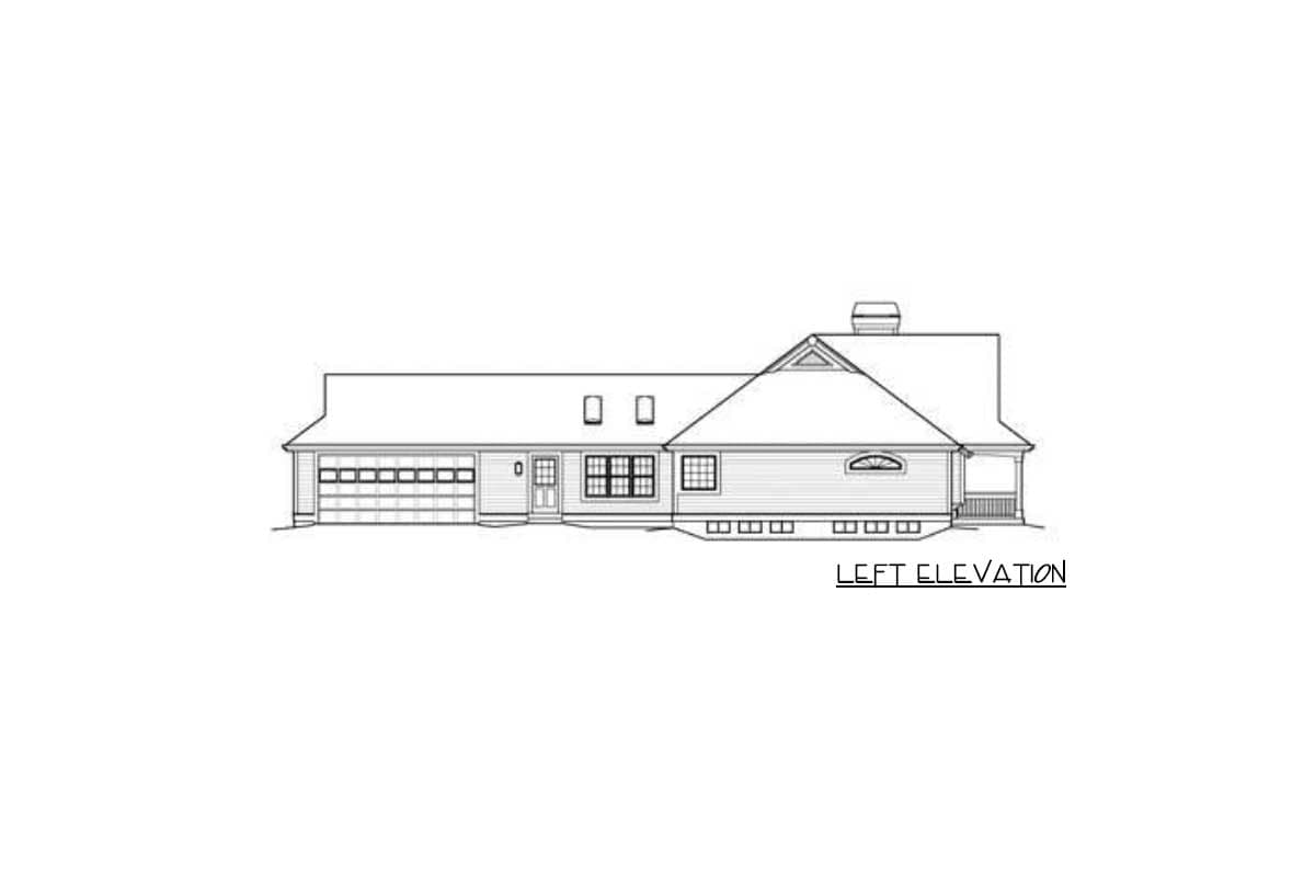 Left elevation house plan with a wide garage, centered front door, multiple windows, and a prominent gable with arched window.