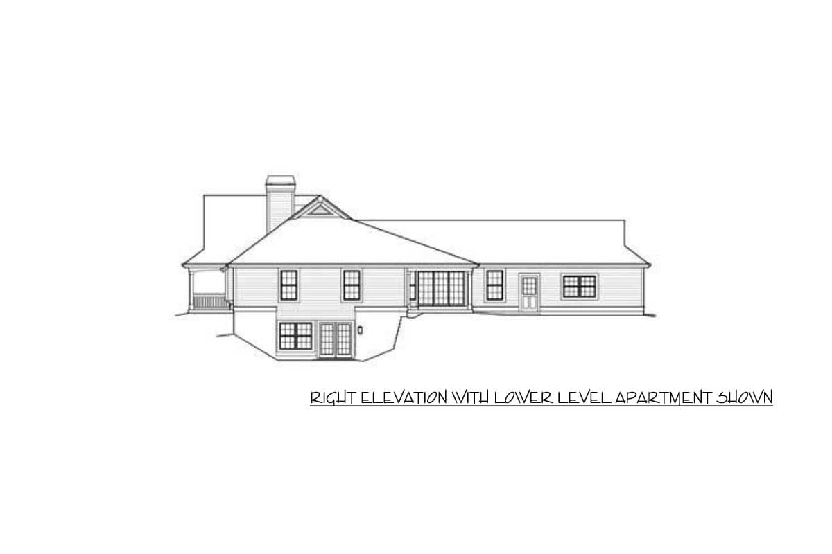 Right elevation drawing of a house plan with a gabled roof, dormers, chimney, and lower-level apartment.