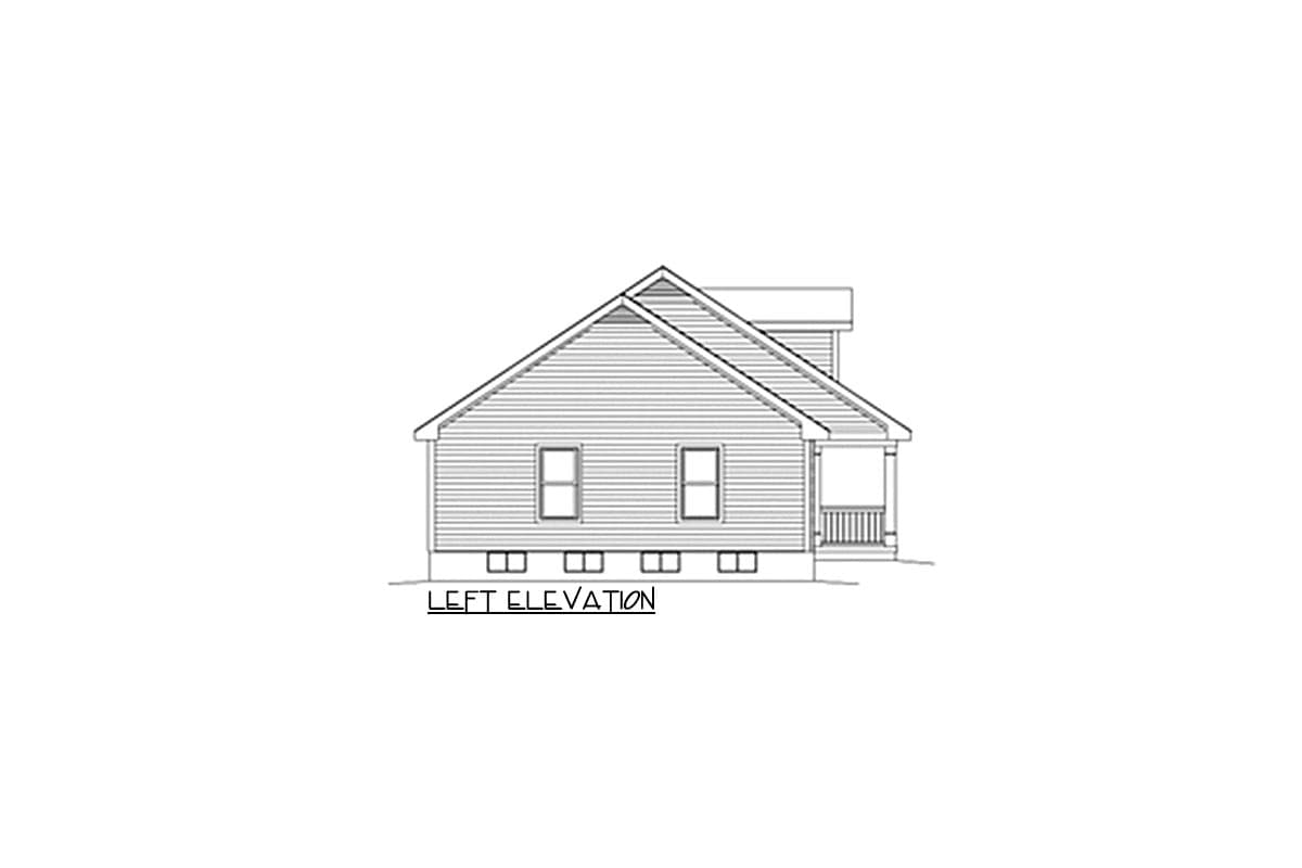 Left elevation house plan: clapboard siding, two windows, gabled roof, and covered porch with railings.