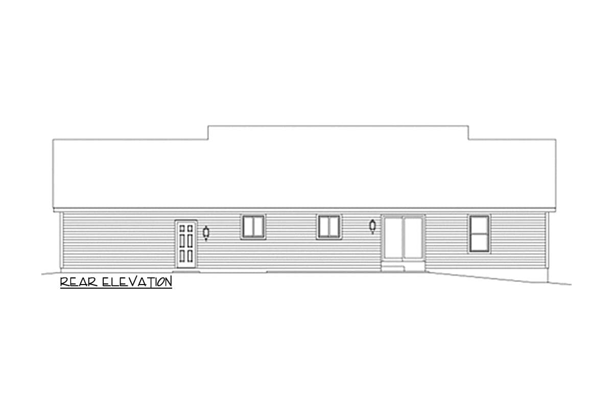 Rear elevation of a house plan featuring a symmetrical six-panel door, three windows, and a double door entry.