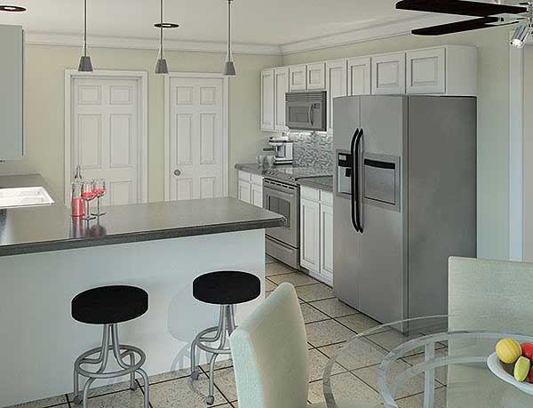 Kitchen rendering with island seating, stainless steel appliances, white cabinetry, and double doors.