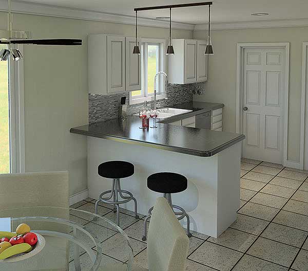Kitchen rendering with island seating, white cabinets, stainless steel sink, and tile flooring.
