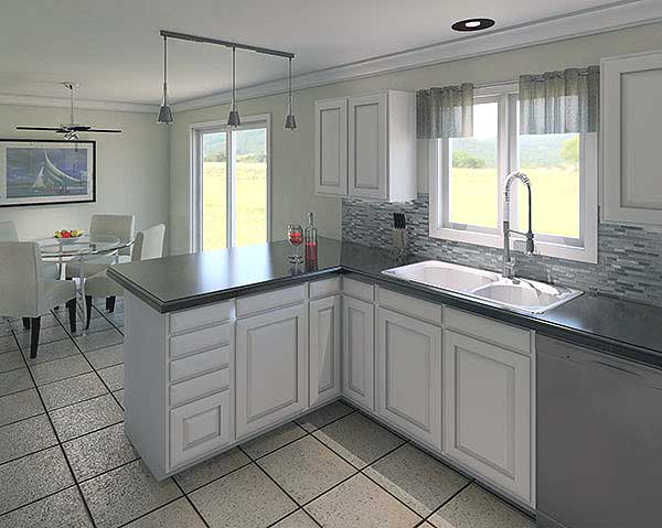 Kitchen rendering with island, stainless steel sink, white cabinetry, and adjacent dining area with glass table and chairs.