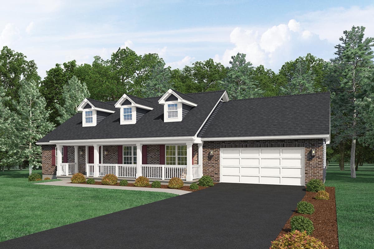 House plan exterior: Single-story brick home with a full-width covered porch, three dormers, and an attached two-car garage.