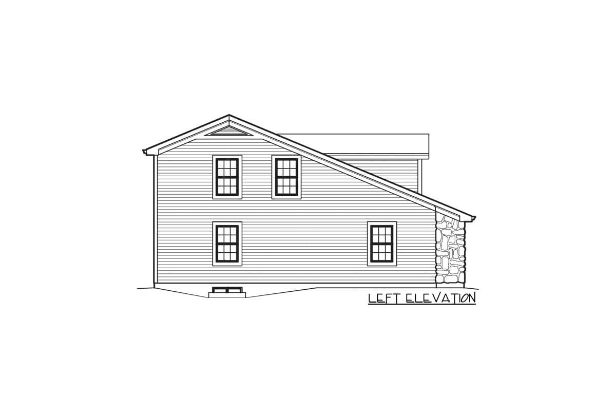 Left elevation drawing of a two-story house with gabled roof, siding, and stone foundation.