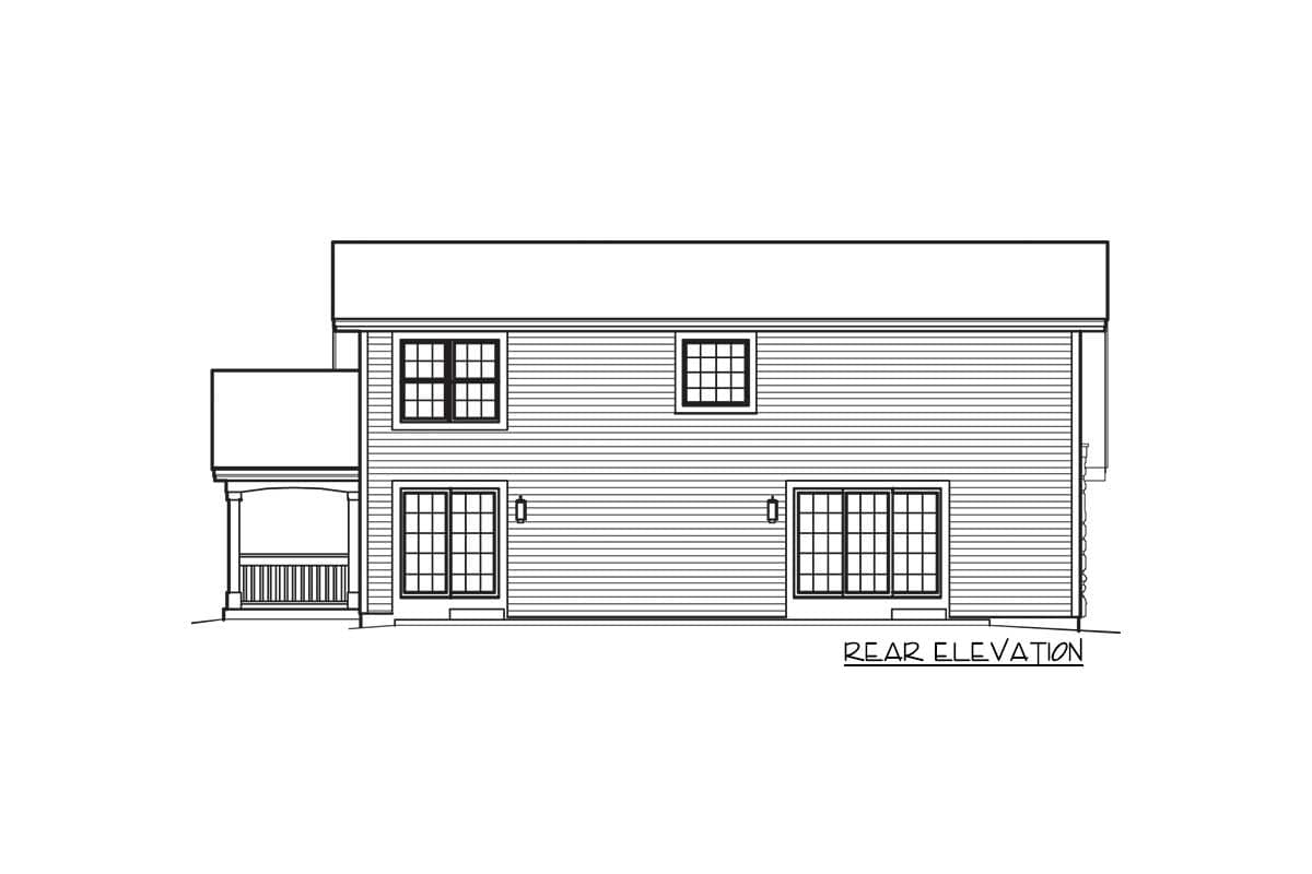 Rear elevation of a two-story house plan with double sliding doors, upper windows, and a covered porch.
