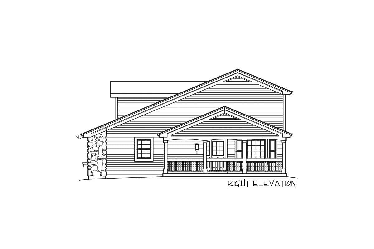 House plan right elevation featuring stone foundation, prominent gable roof, and covered porch with railing.