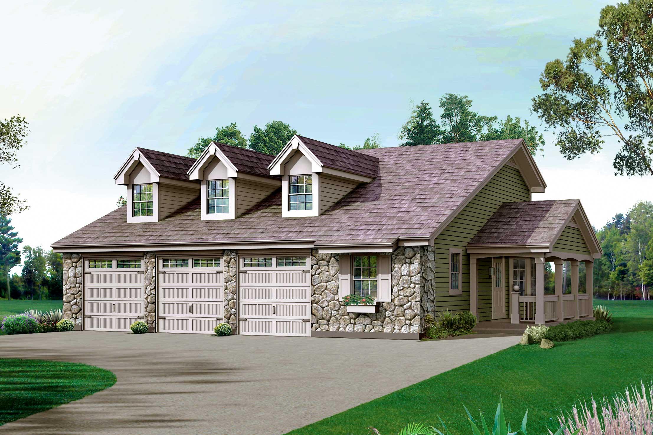 House plan exterior with a three-car garage, stone accents, dormer windows, and a covered front porch.