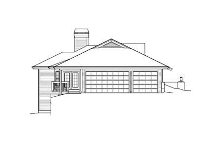 House plan exterior elevation: side view showing a three-car garage, gabled dormer, and prominent chimney.