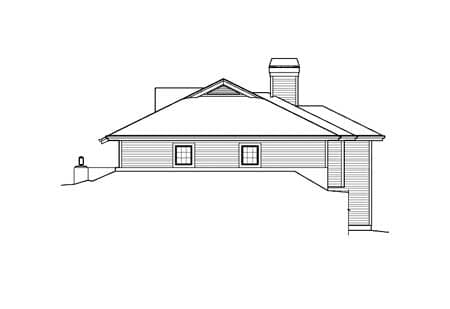 House plan exterior elevation drawing with a prominent gable, chimney, and horizontal siding.