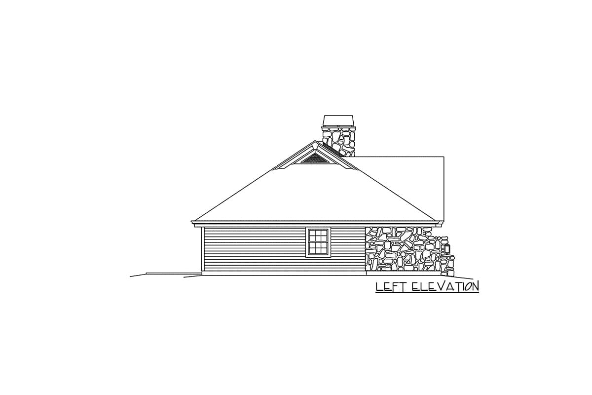 Left elevation house plan showing horizontal siding, stone foundation, gabled dormer, and stone chimney.
