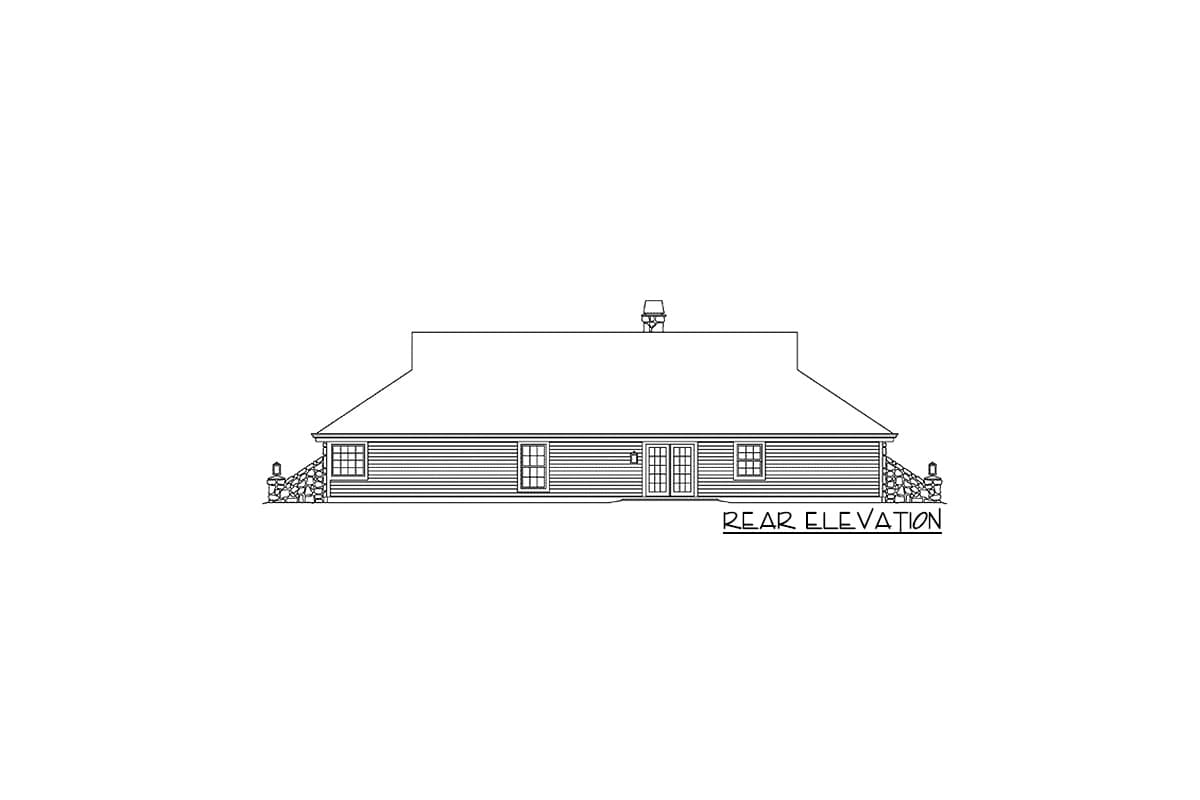 Rear elevation drawing of a house with double doors, four windows, stone accents, and a prominent roofline.