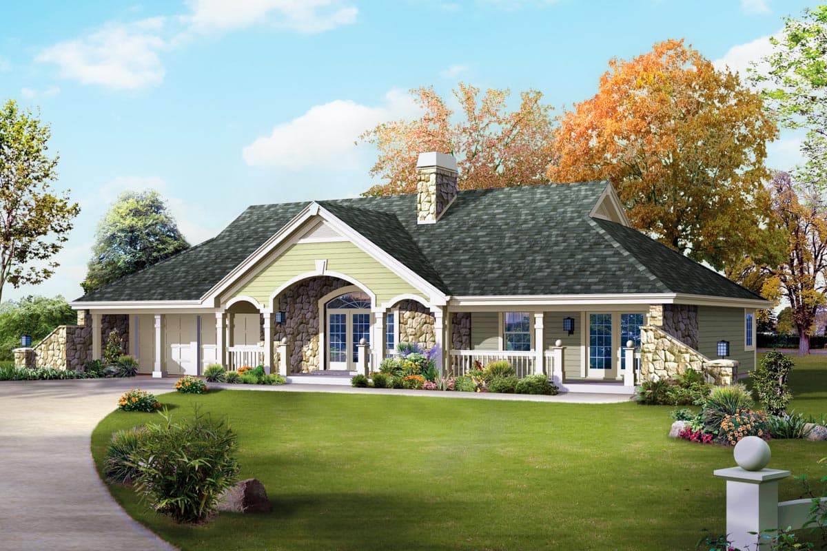 House plan exterior shows a single-story home with a stone base, gabled dormers, arched entryway, and covered wrap-around porch.