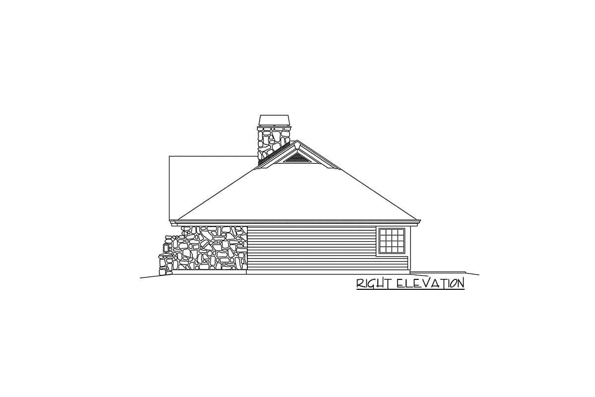 Right elevation drawing of a house plan featuring a stone chimney, gable vent, and horizontal siding.