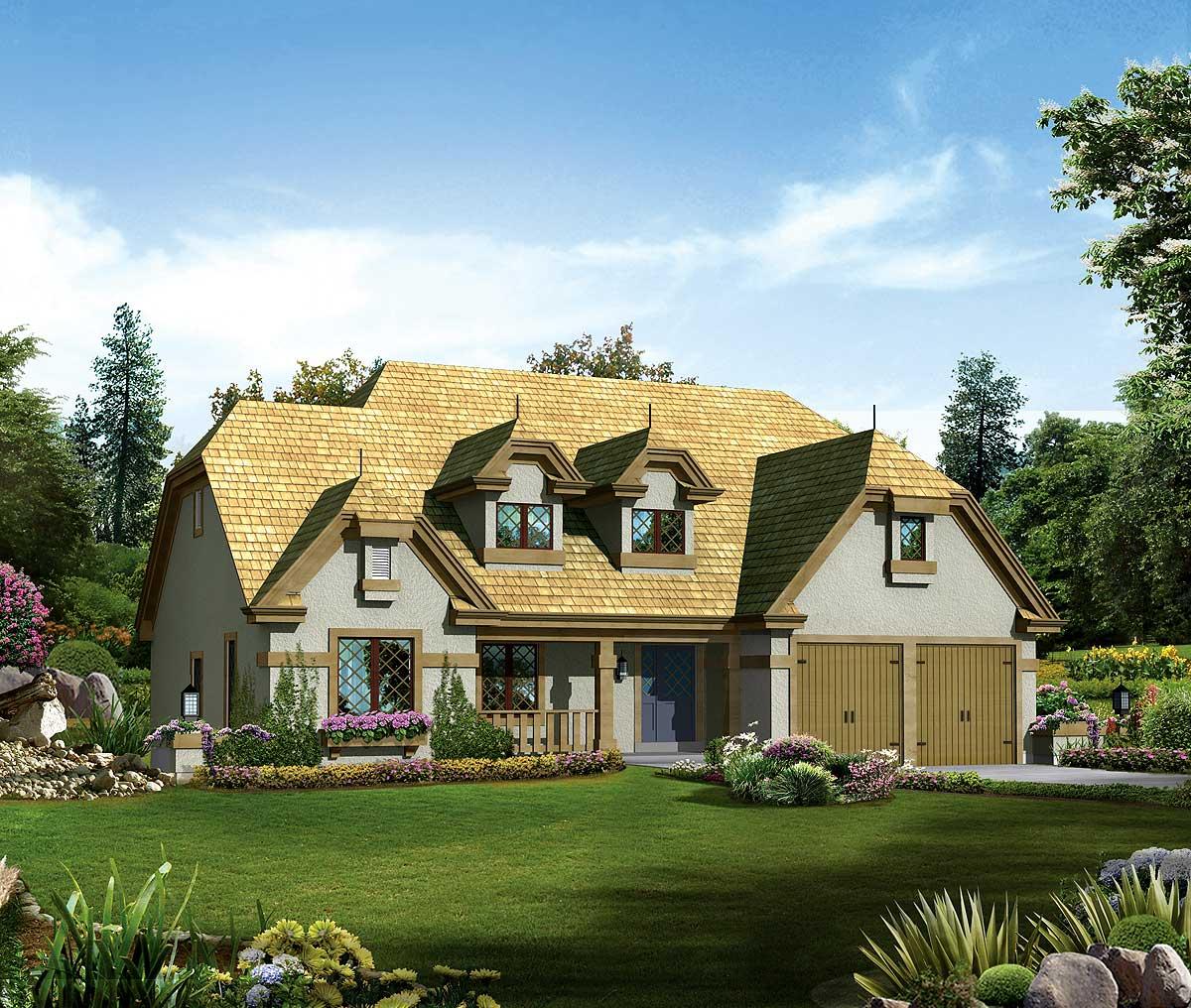 House plan exterior: Two-story home with steeply pitched roof, multiple dormers, a covered porch, and a side-entry two-car garage.