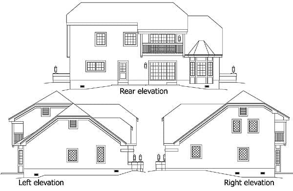 Rear, left, and right elevations of a house plan showing multiple gables, a second-story balcony, and a bay window.