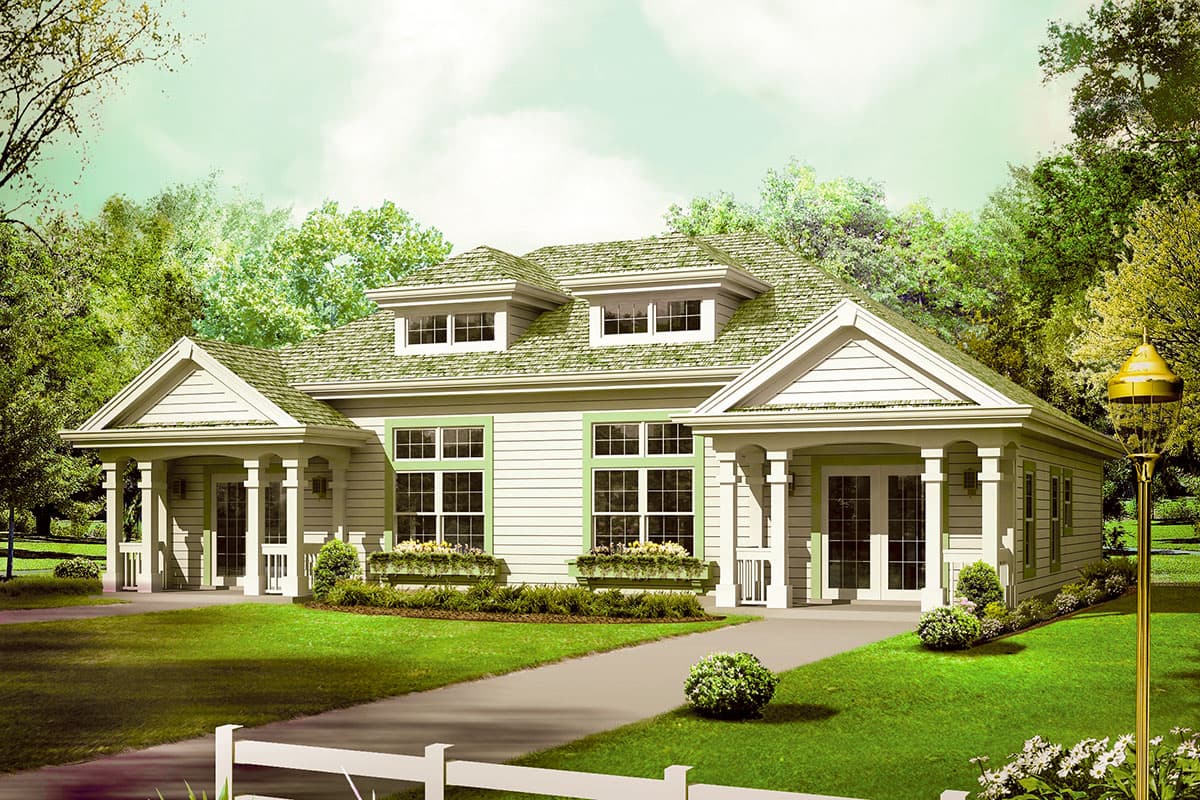 House plan exterior: Single-story Modern Farmhouse with two dormers, gabled entry porches, and white siding.