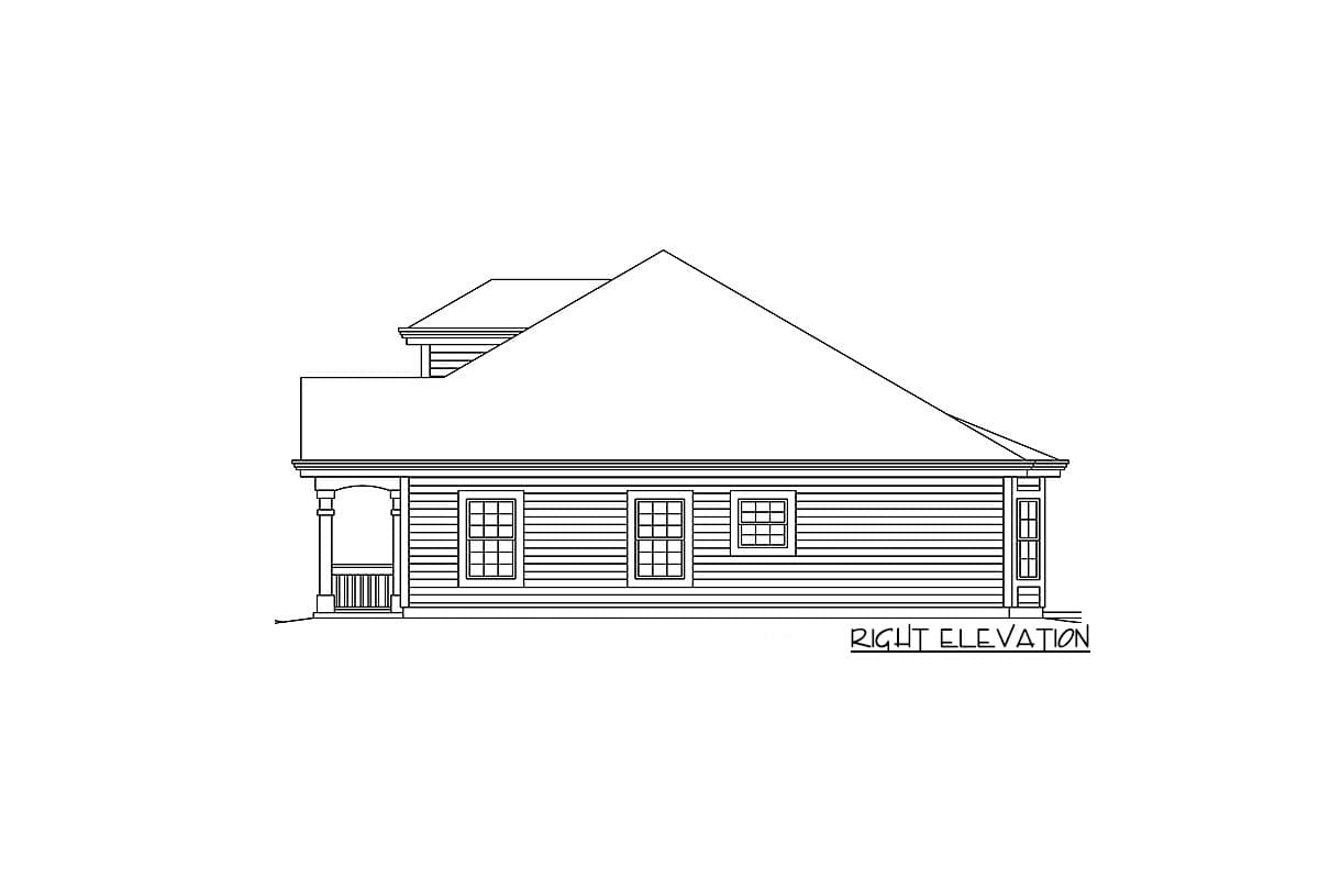 Right elevation house plan drawing showing siding, a porch with columns, and multiple windows.