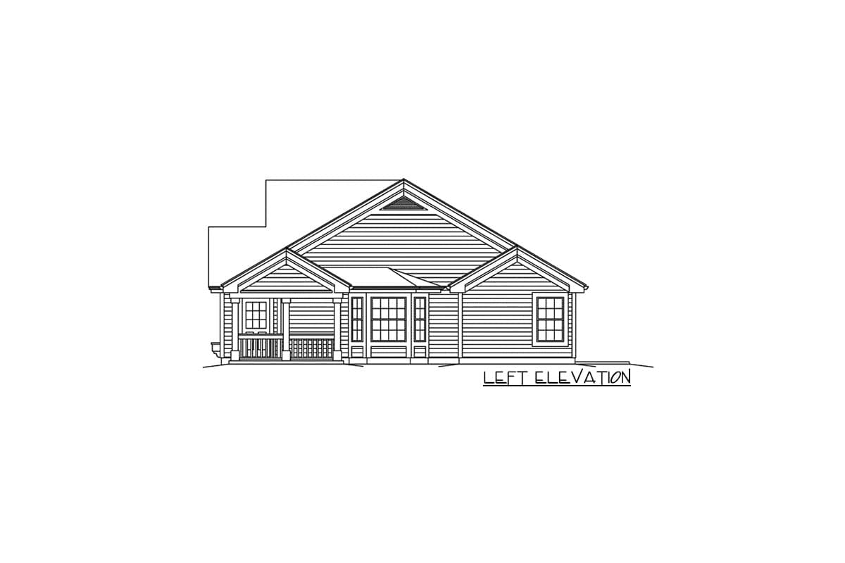 Left elevation drawing of a one-story house plan with a covered front porch, gabled roof, and double-hung windows.