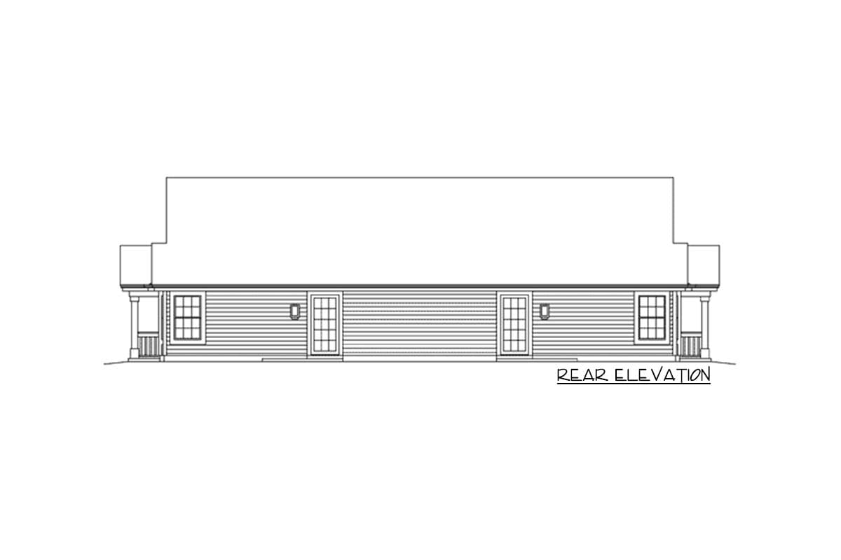 Rear elevation drawing showing two doors, two windows, and a porch with columns.