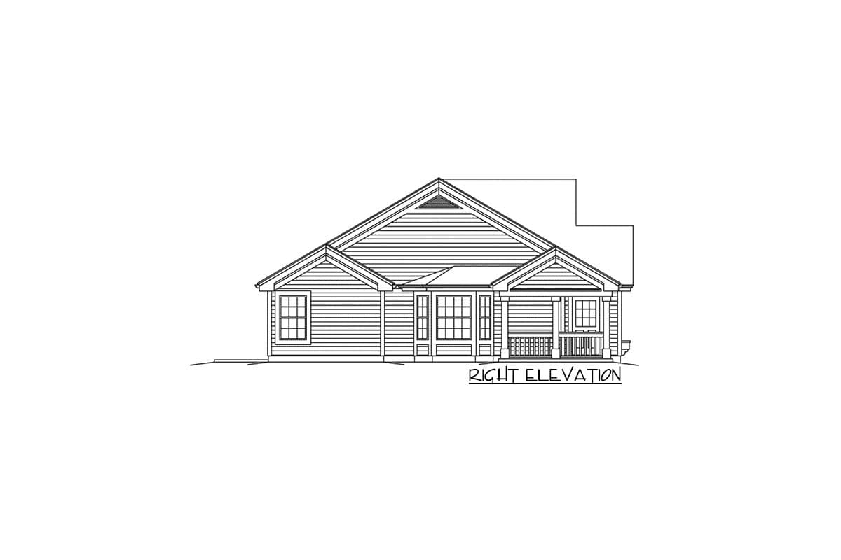 House plan right elevation drawing of a single-story house with a front porch, gables, and horizontal siding.