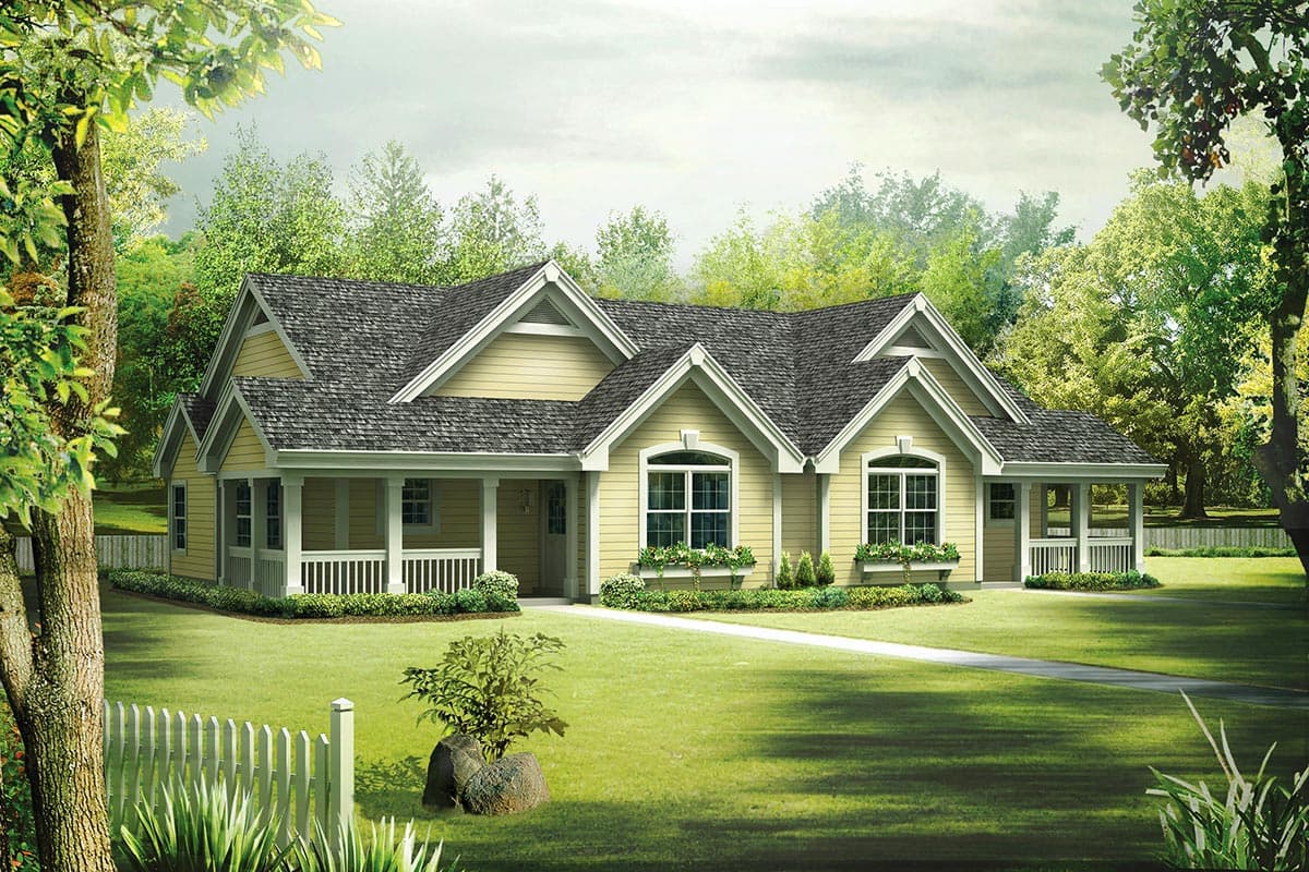 House plan exterior: single-story ranch with full wrap-around porch, multiple gables, and arched window dormers.