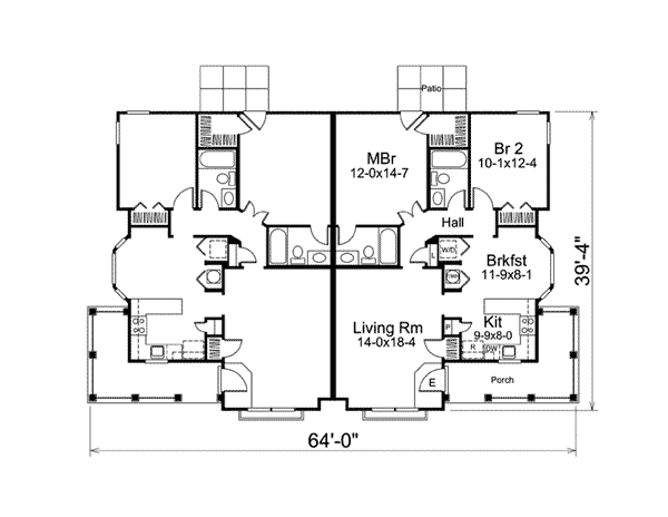 Plan 57249HA: Attractive Duplex - Floor Plan - Main Level
