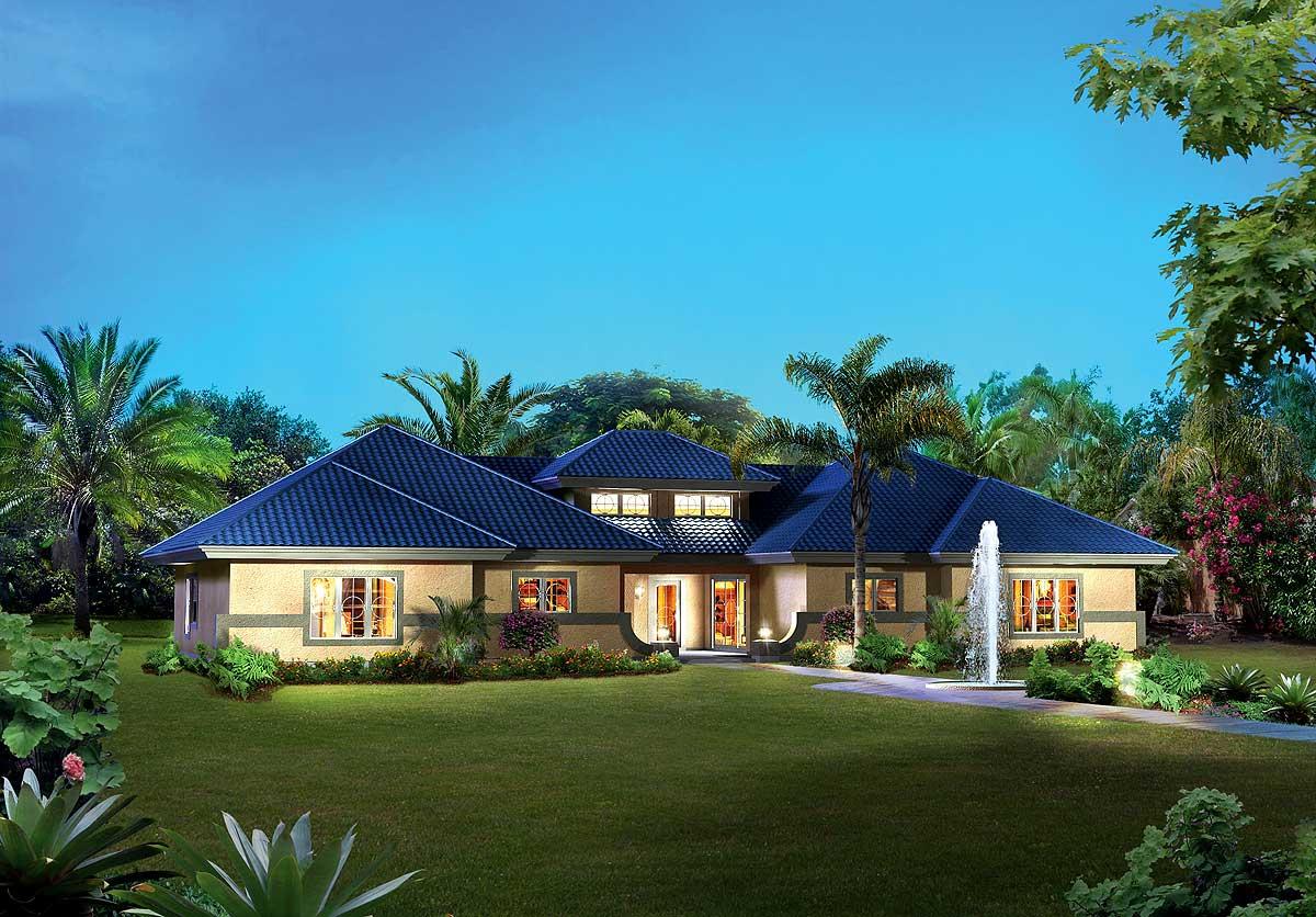 House plan exterior: single-story home with hip roof, multiple gables, central entryway, and decorative windows.
