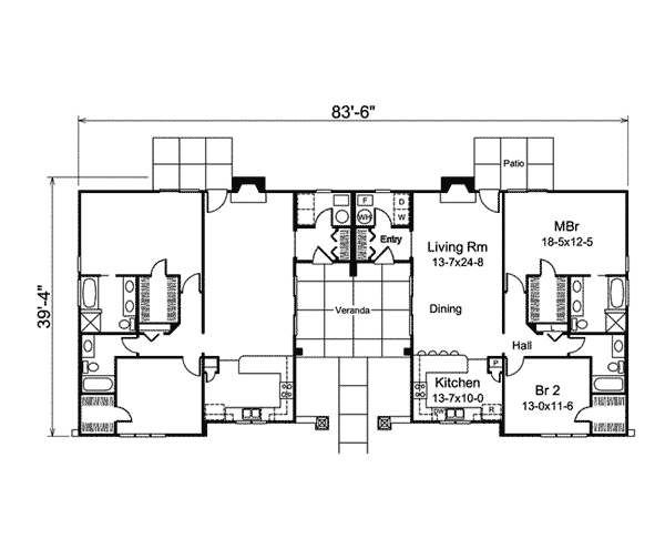Plan 57251HA: Duplex with Trendsetting Style - Floor Plan - Main Level