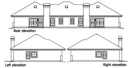 Rear, left, and right elevations of a one-story house plan showing double doors and multiple windows.