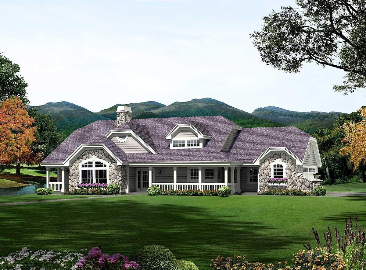 House plan exterior: Single-story home with stone accents, a wraparound porch, dormers, and a prominent stone chimney.
