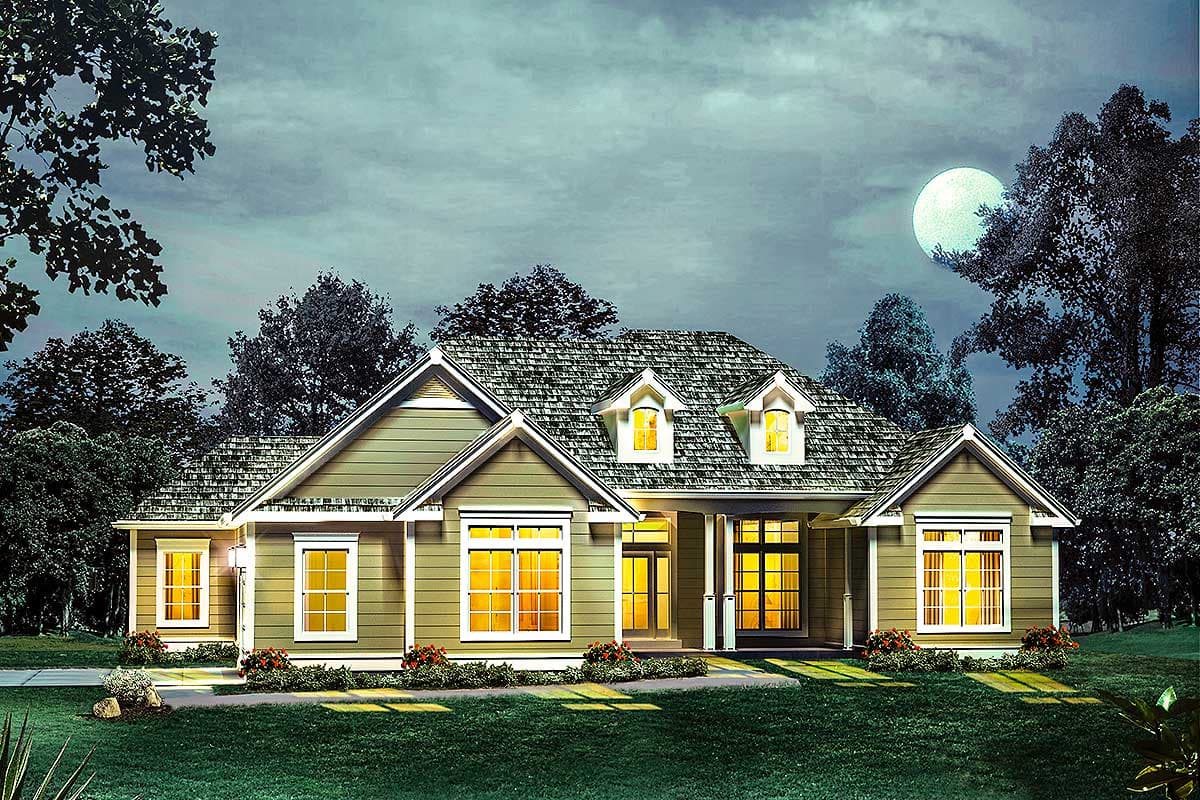 House plan exterior of a one-story home with a gabled roof, dormers, and a covered front porch.