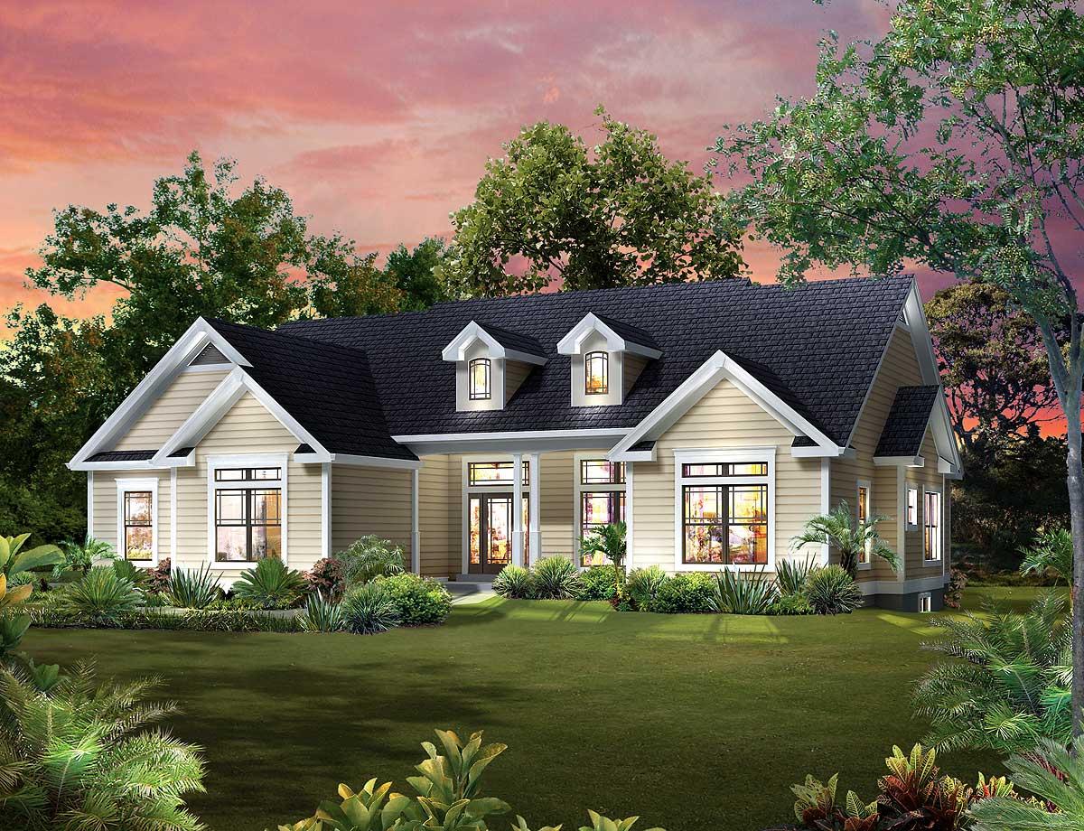 House plan exterior: Single-story home with multiple gables, dormers, and a covered entry.