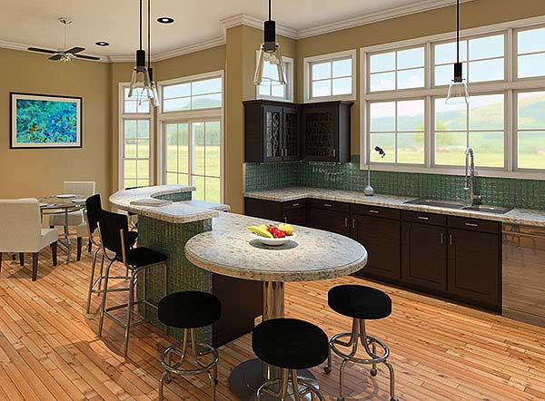 Kitchen and dining area with curved bar, dark cabinets, granite countertops, and large windows overlooking landscape.