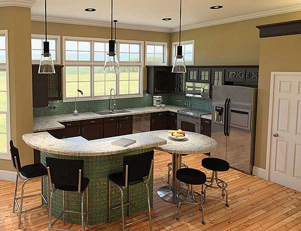 House plan kitchen with wrap-around island, dark cabinetry, stainless steel appliances, and large windows.