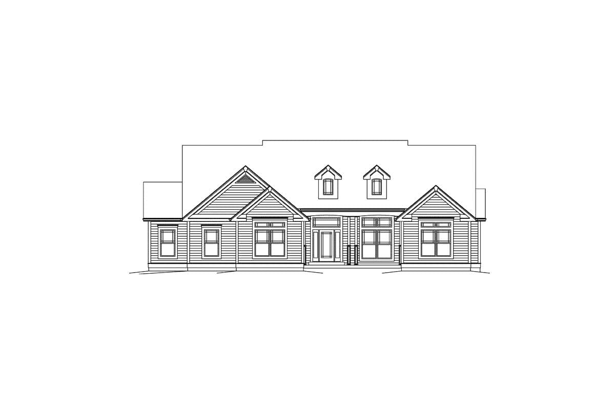House plan exterior: Ranch style, single story with central entrance, gabled dormers, and prominent front-facing gables.
